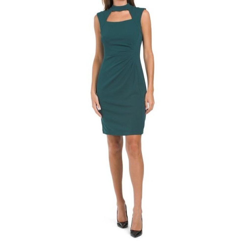 Tahari Womens Green Sleeveless Mock Neck Cut Out Ruched Sheath Dress Sz 14 New